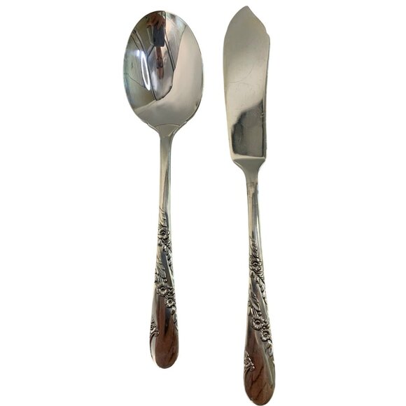 Bridal Wreath VTG 50s Oneida Tudor Plate Butter knife Jelly Spoon Set 7593 - Picture 5 of 6